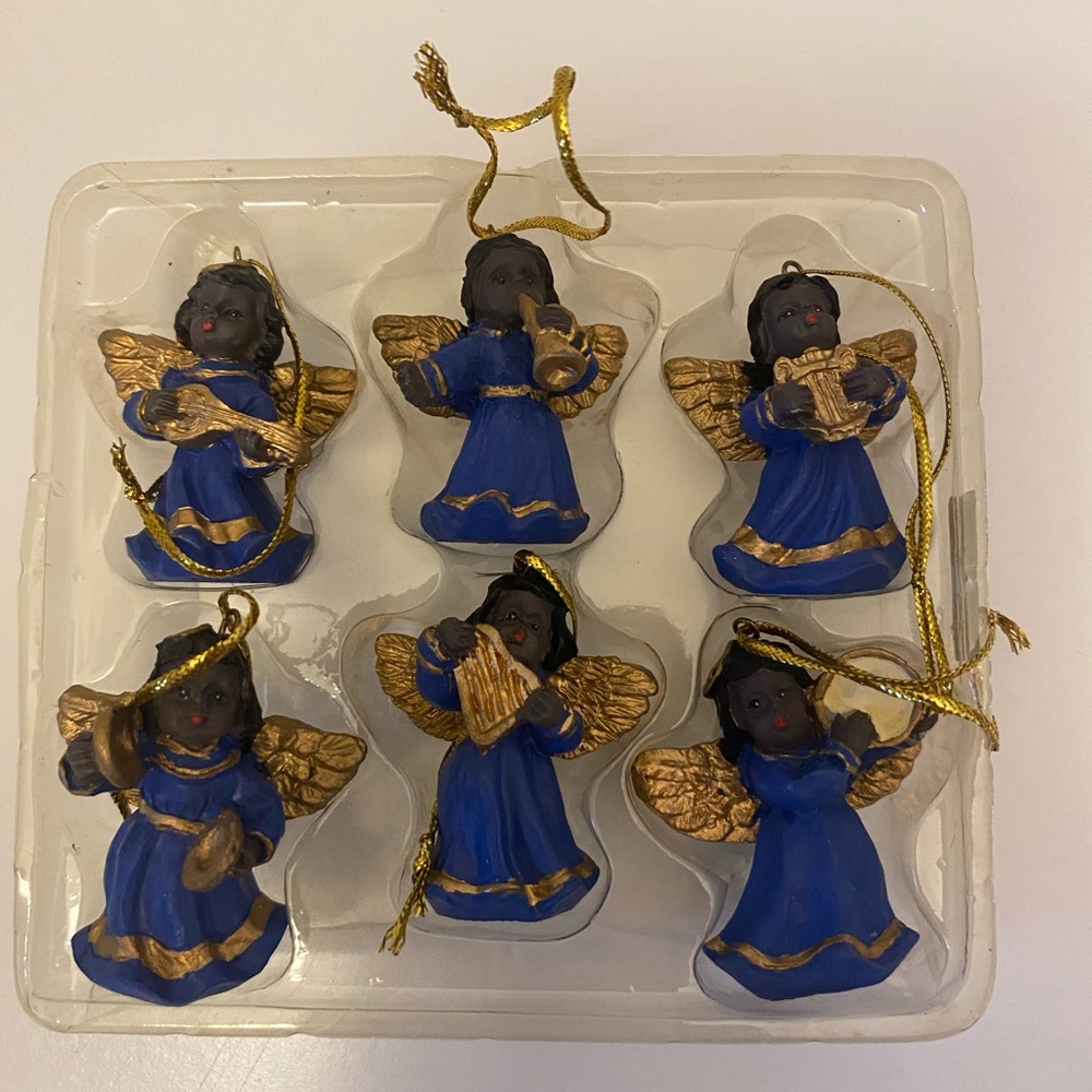 African American Musical Angels Blue Gold Set of 6 Christmas Ornaments in Box